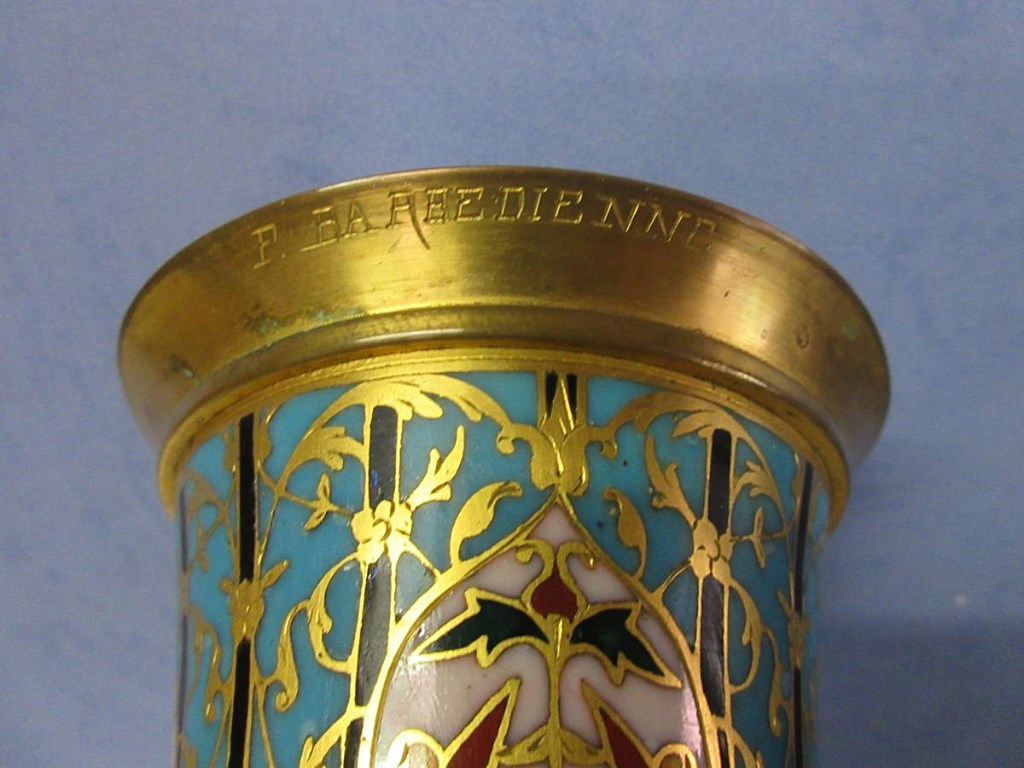 Large Vase Cup Bronze Signed Barbedienne In Enamels-photo-4