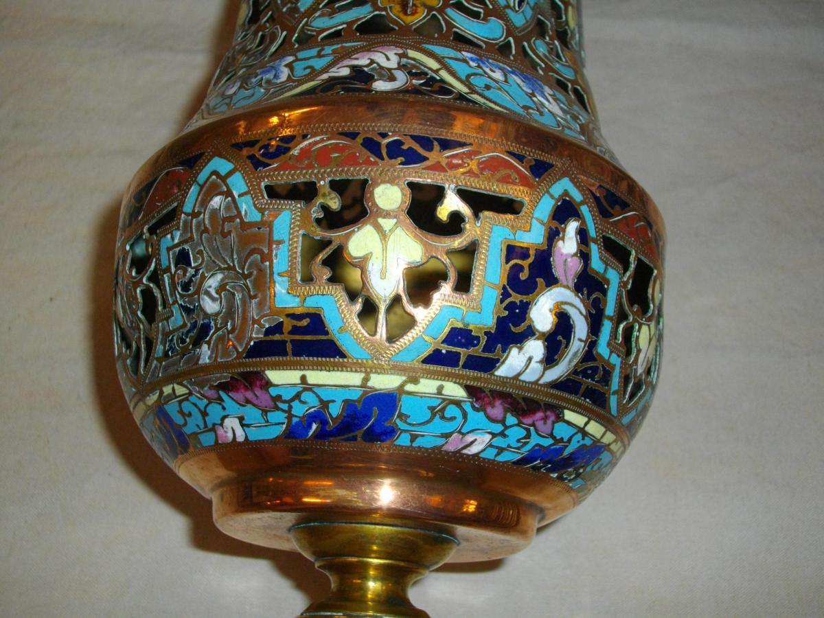 Grand Vase En &eacute;maux Cloisonn&eacute;s Et Bronze 19eme -photo-3