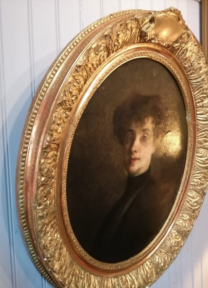Mary &eacute;cole fran&ccedil;aise  Portrait De Femme Cadre Dor&eacute; A La Feuille -photo-3