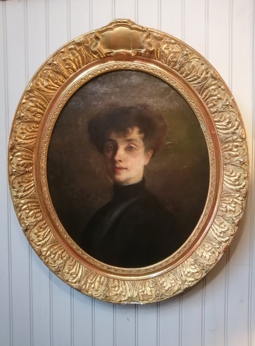 Mary French School Portrait Of Woman Golden Frame With Leaf