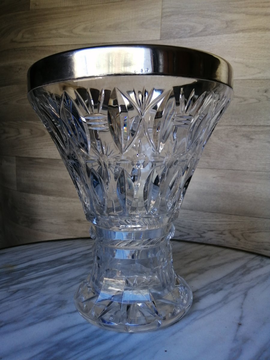 Large Crystal And Sterling Silver Vase Saint Louis Baccarat