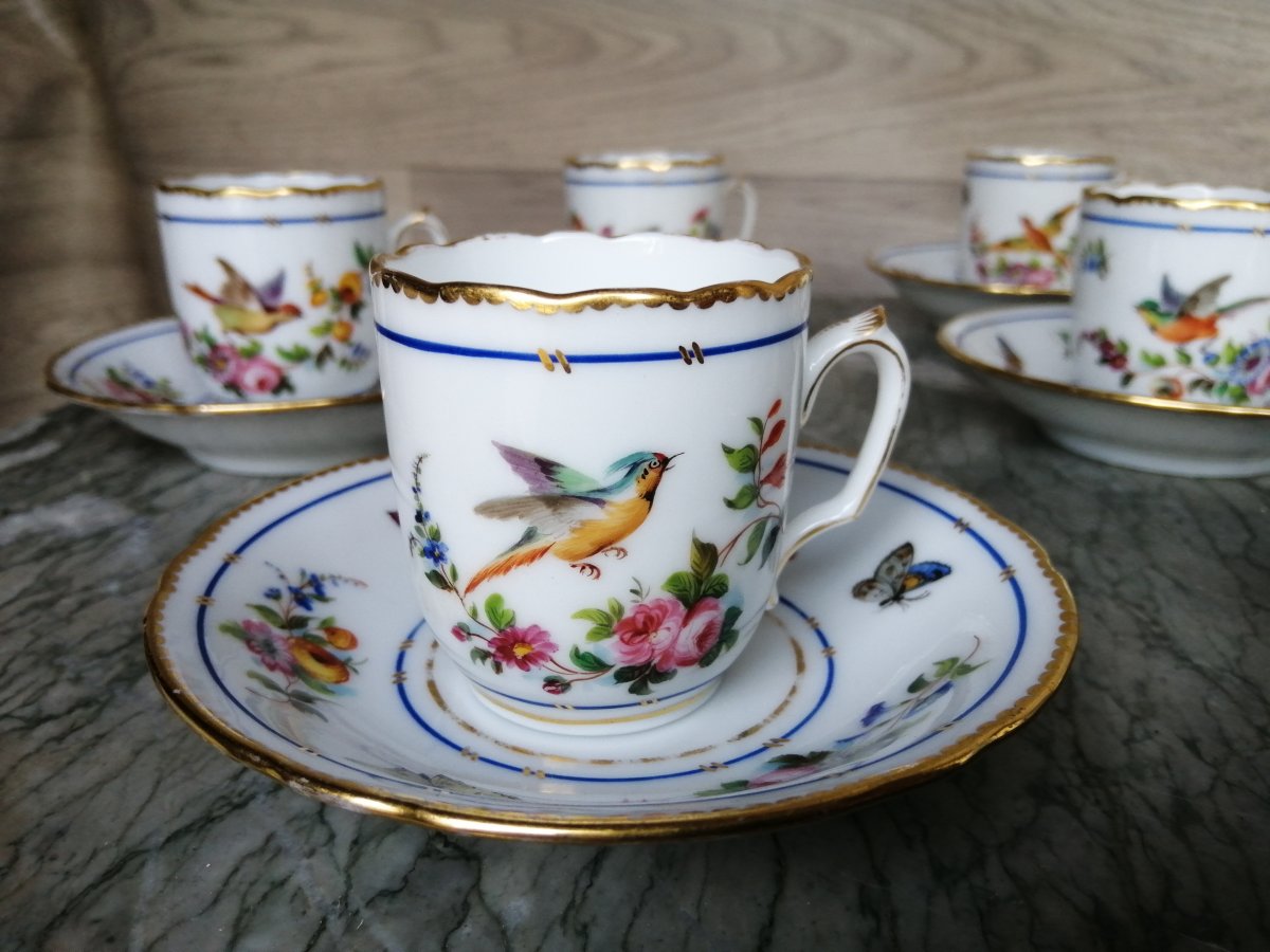 Porcelain Coffee Cup Service Decor Parrots And Butterflies (sèvres Paris)-photo-4