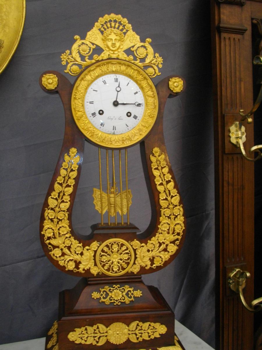 Mahogany Gilt Bronze Lyre Clock 19th