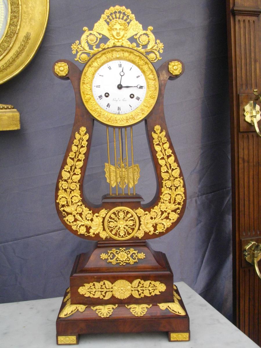 Mahogany Gilt Bronze Lyre Clock 19th-photo-2