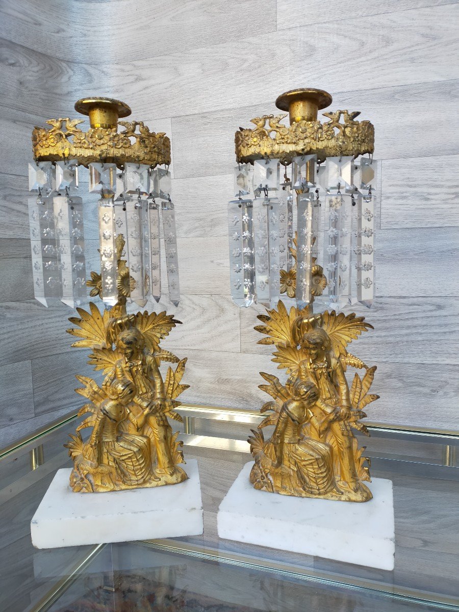 Paire De Bougeoirs En Bronze Doré Et Cristal De Baccarat  (girandoles chandeliers )-photo-3