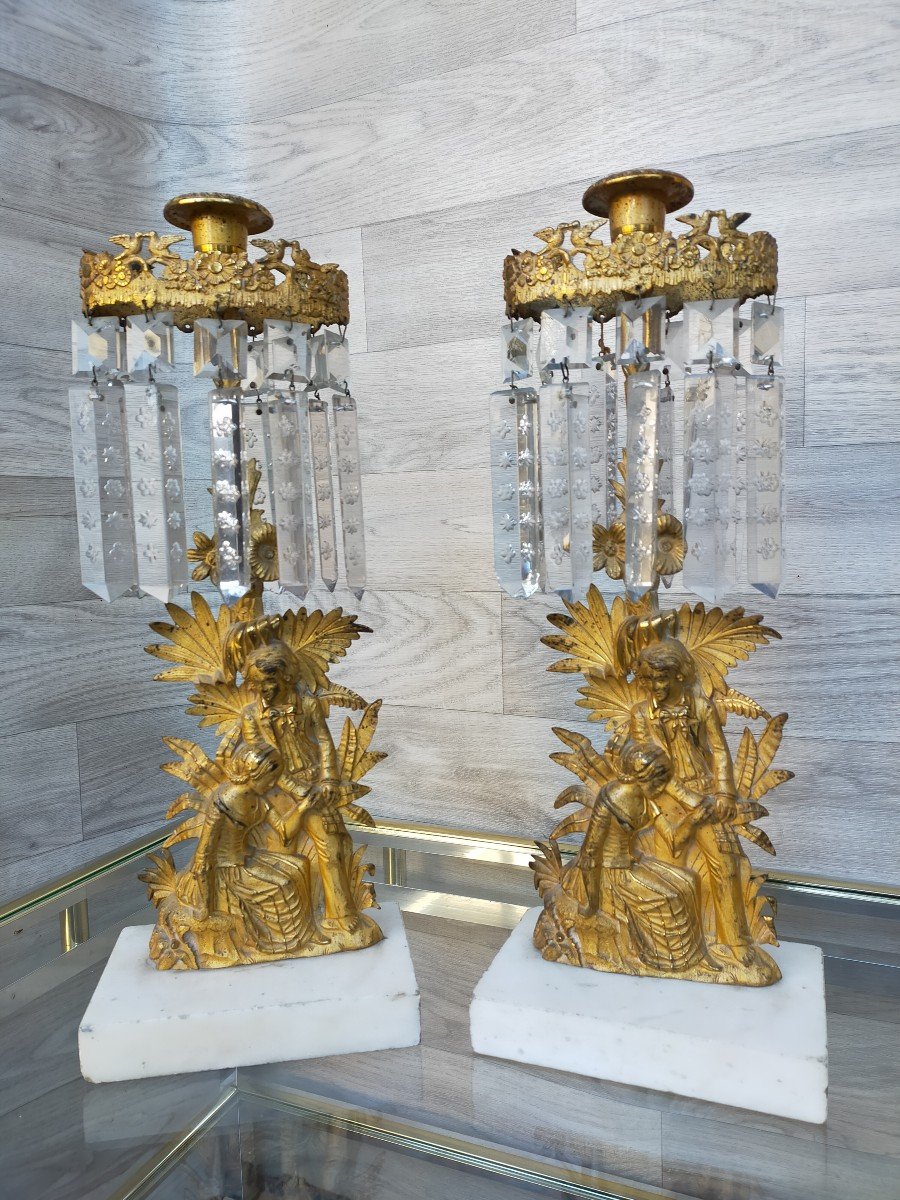 Pair Of Candlesticks In Gilt Bronze And Baccarat Crystal (chandeliers Candlesticks)