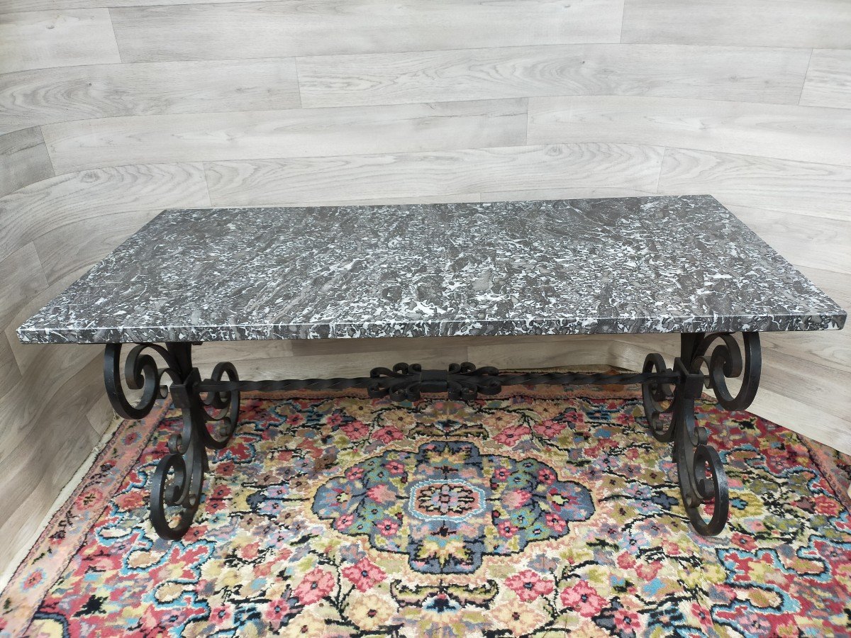 Wrought Iron Coffee Table Top Of Veined Marble-photo-3