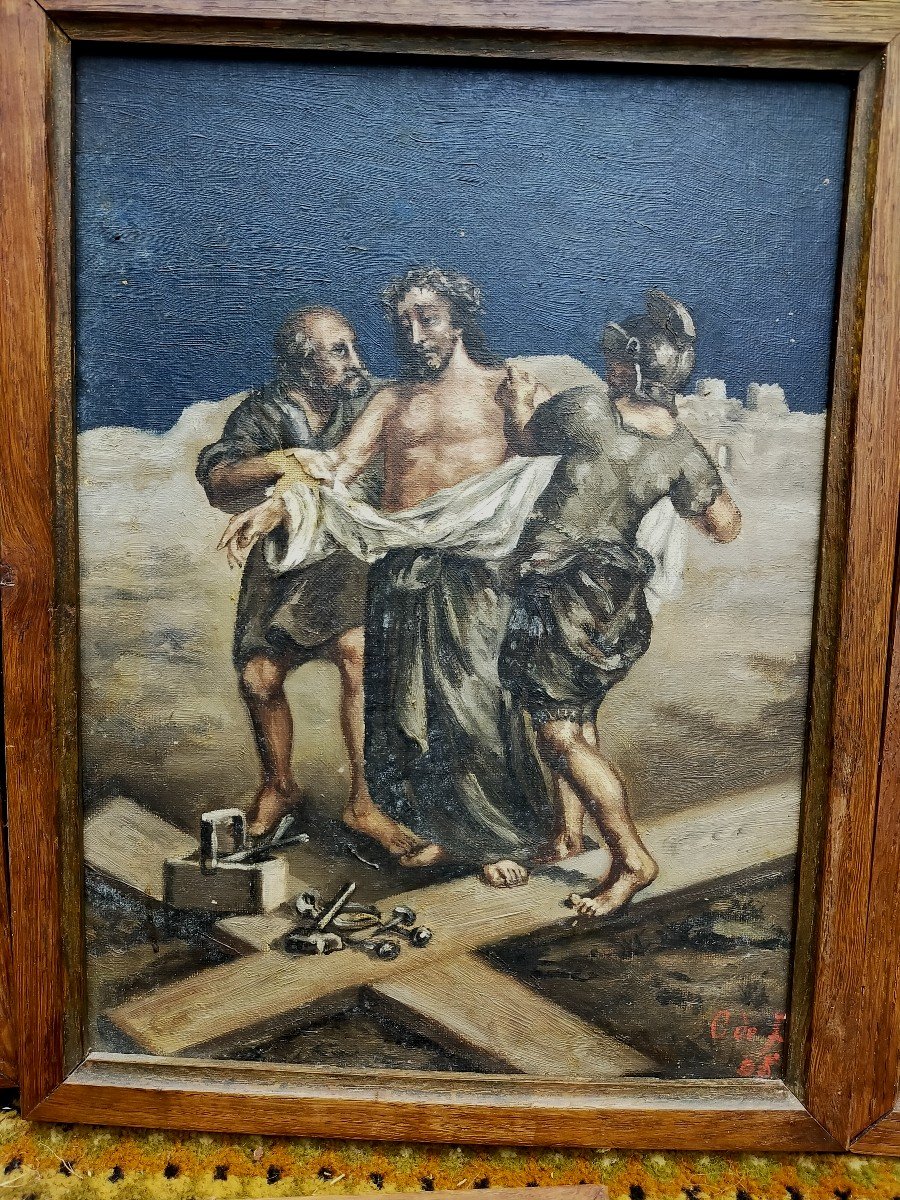 Twelve Oils On Canvas The Stations Of The Cross And Cross In Silvered Bronze-photo-3