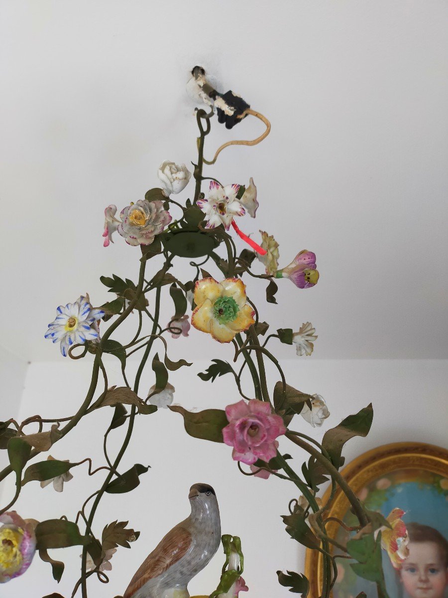 Lustre Cage Feuillag&eacute; Et Fleurs De Porcelaine -photo-3