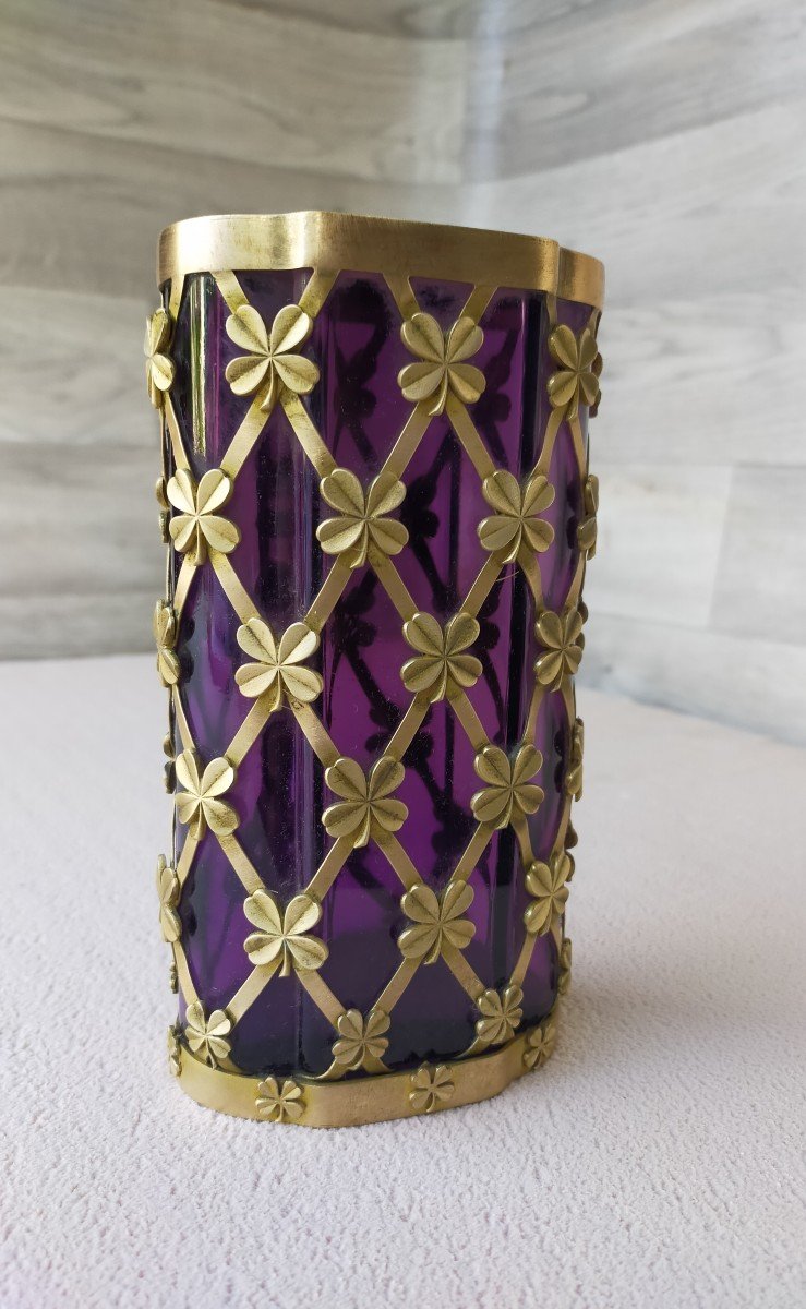 Vase Cristal Violet Et Monture Bronze Doré A Decor de Trefles-photo-2