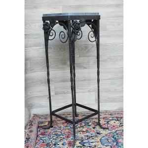 Small Art Deco Wrought Iron And Marble Pedestal Table (harness, Console)