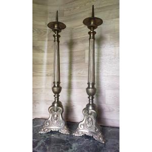Paire De Piques Cierges En Bronze Argent&eacute; (bougeoir,chandelier,flambeau Pique Cierge)