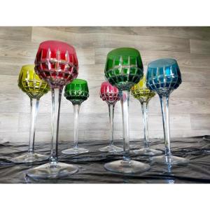 Seven Large Roemer Wine Glasses In Colored Saint Louis Crystal