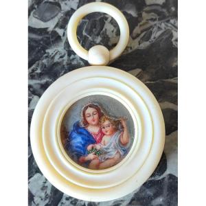 Miniature Cradle Rattle On Ivory The Virgin And Child   