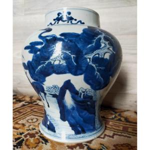 Grand Vase Kangxi, (1662-1722) Bleu Et Blanc cerfs et grues ( chine asie)