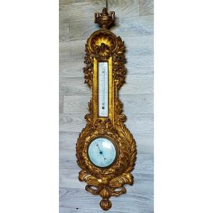 Large Louis XVI Golden Wood Barometer Thermometer 