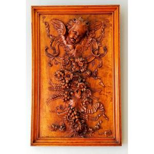 Carved Wood Panel Decor Angel And Flower Garland 