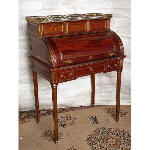 Louis XVI Cylinder Desk Flamed Mahogany And Gilt Bronze 