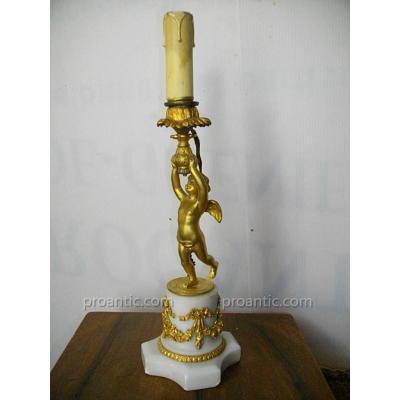 Candlestick Lamp Gilded Bronze Cherub Marble Base XIX