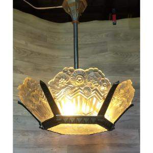 Lustre a plaques art deco noverdy et bronze argent&eacute; (muller daum degu&eacute; ..)