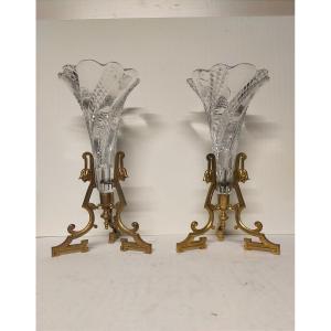 Baccarat Pair Of Art Nouveau Crystal And Bronze Soliflore Vases