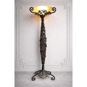 Lampadaire Art d&eacute;co fer forger Marcel Vasseur vasque en verre d&eacute;poli (muller degu&eacute; daum lampe lustre)