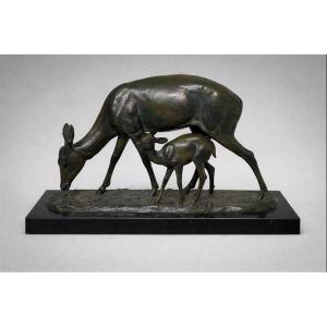 Bronze Ir&eacute;n&eacute;e Rochard (1906/1984) art d&eacute;co la biche et son faon salon 1946