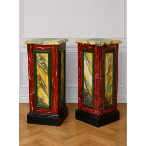 Paire de gaines en bois peint imitation marbre – (sellette colonne )