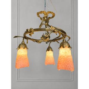 Art Nouveau Chandelier In Gilded Bronze And Pâte De Verre Tulips (majorelle Gallé Guimard ..)