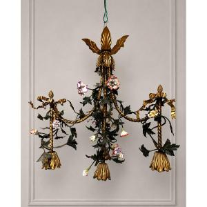 Lustre fleurs de porcelaine et bronze style louis xvi (meissen )