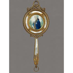 Face à Main Bronze - Miniature Of King Louis XVI On Ivory - 19th Century (empire Vanity Mirror)