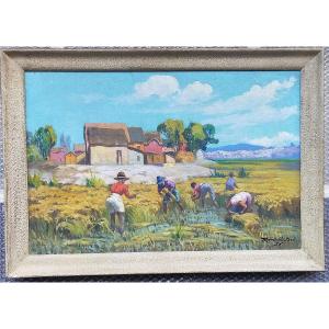 Jean Rambinintsoa (1899-1986) – Scène de rizières à Madagascar (malgache  ramanda ratova ..)