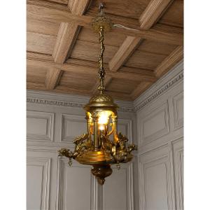 Neo-gothic Ormolu Castle Chandelier, Decorated With Dragons, 19th Century.