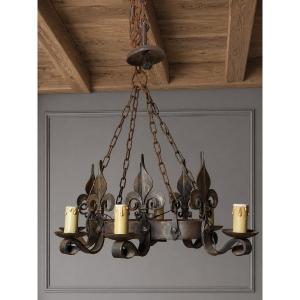 Castle-style Wrought-iron Chandelier With Fleur-de-lis Motifs