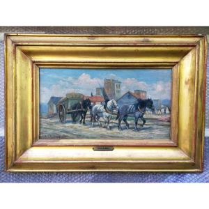 Philippe Albin DE BUNCEY (1905-1978) Attelage de chevaux a la charette