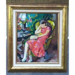 Pierre Cornu (1895/1996) jeune femme a la robe rouge