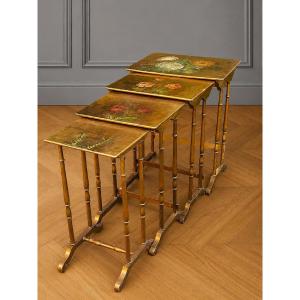 Set Of Four Hand-painted Wooden Nesting Tables – Floral Design