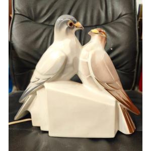Art Deco Nightlight Made Of Limoges Porcelain, "turtledoves" Lamp