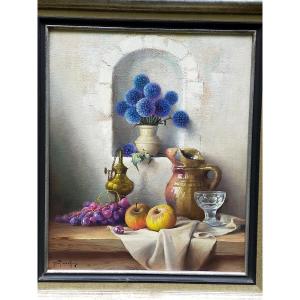 Robert CHAILLOUX (1913-2006) – Nature morte aux chardons ,fruits et lampe a huile