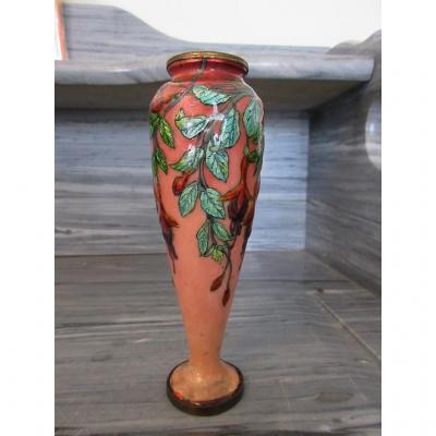 Jules Sarlandie Vase En émail De Limoges décor fushias