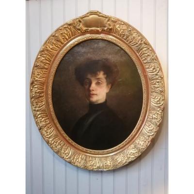 Mary French School Portrait Of Woman Golden Frame With Leaf