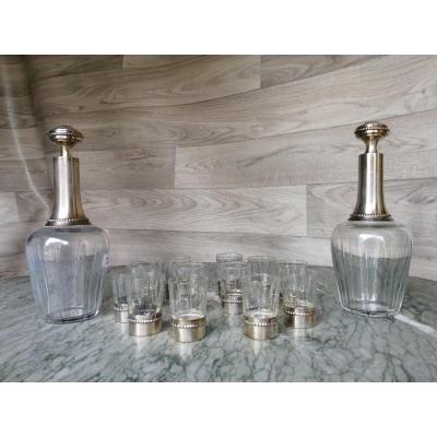 Service liqueur Argent Massif Deux Carafes 12 Verres 