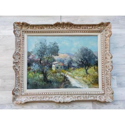 Lucien Potronat Le Mas Dans Les Baux De Provence Huile Sur Toile Cote d&#039;Azur 