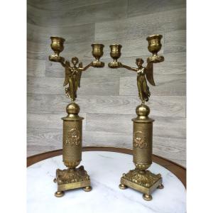 Paire De Cand&eacute;labres  Aux Victoires Ail&eacute;es En Bronze Dor&eacute; (bougeoirs Chandeliers)