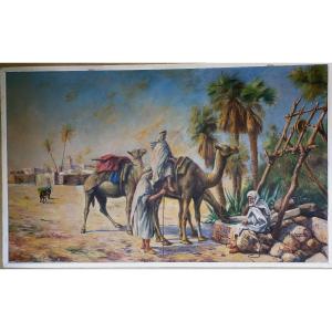 Louis Maisonneuve Large Oriental Painting The Halt Of The Bedouins