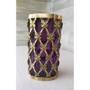 Vase Cristal Violet Et Monture Bronze Doré A Decor de Trefles