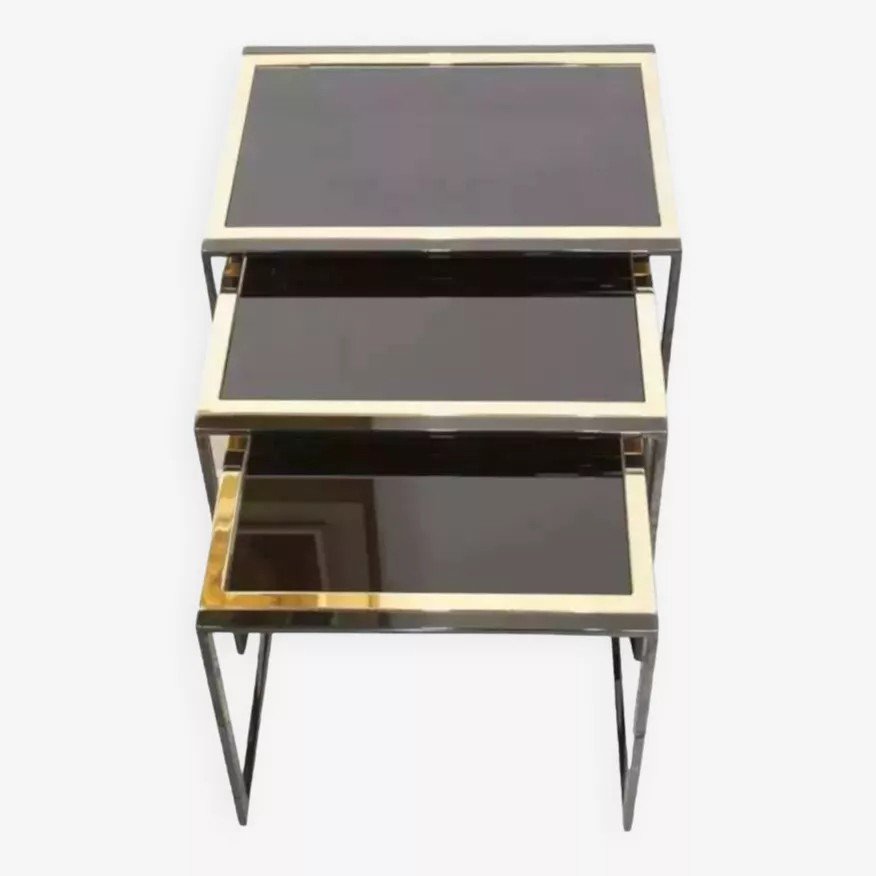 70s Nesting Side Tables In Black Lacquered And Gold Plated Metal-photo-2