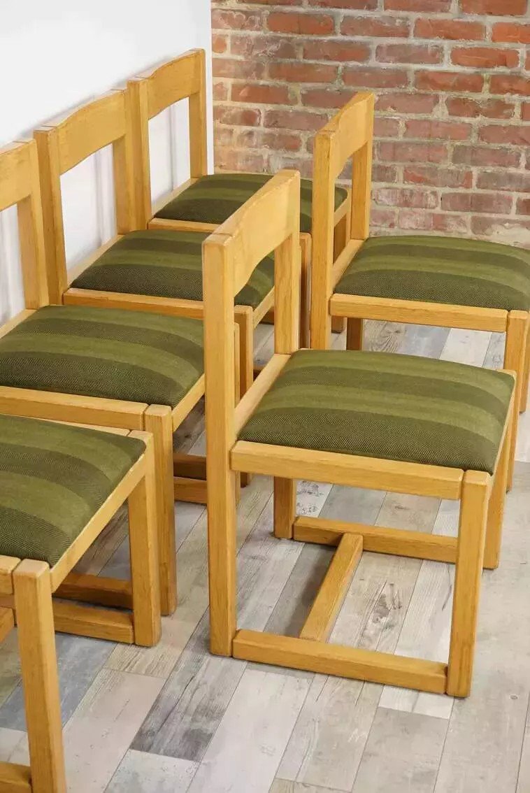 Suite Of 6 Modernist Wood And Fabric Chairs From The 60s-photo-3