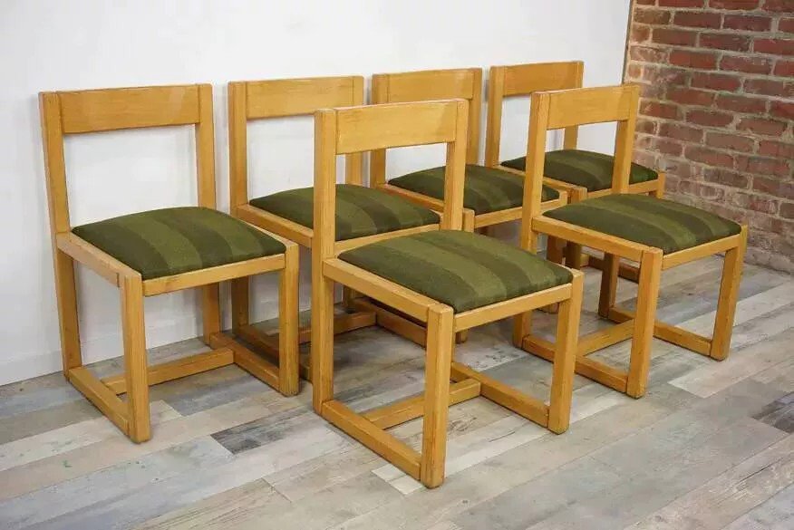 Suite Of 6 Modernist Wood And Fabric Chairs From The 60s-photo-4