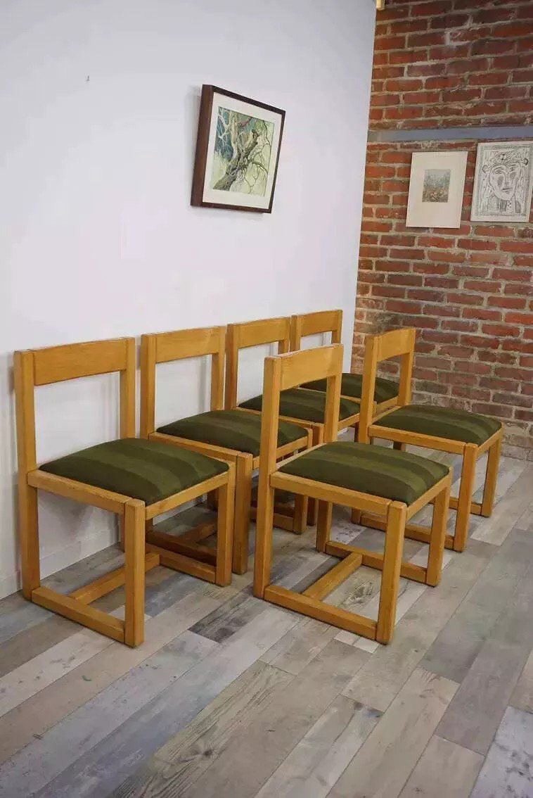 Suite Of 6 Modernist Wood And Fabric Chairs From The 60s-photo-8